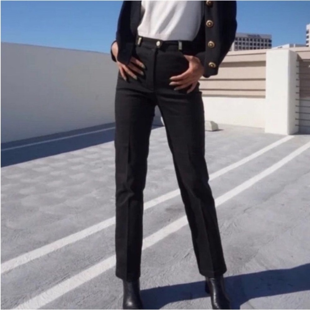 St John Sport Black High Waist Straight Leg Pants with Gold Belt Loops Sz 10